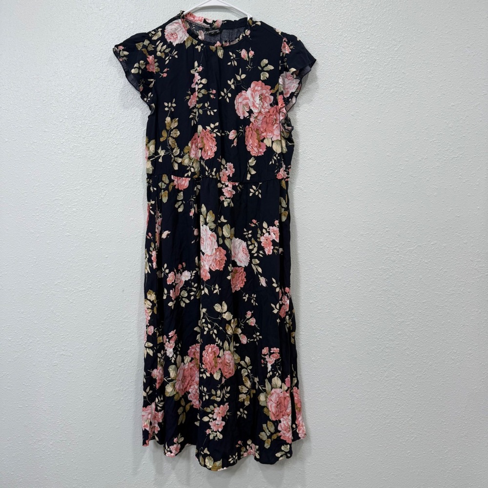 Bloomchic Navy Blue Floral Flutter Sleeve Rayon Midi Dress Womens 12 Cottagecore
